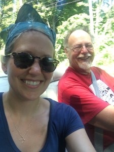 Dad and I drive the vintage convertible to our farmer's market (and yes he's looking at the camera - he's a terrifying driver!).